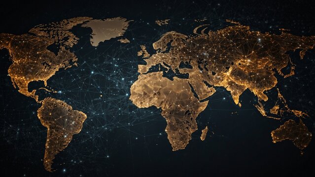 Global network map illuminated by city lights at night