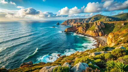 Obraz premium A stunning coastal landscape shows a rugged cliffside overlooking a vibrant blue sea.