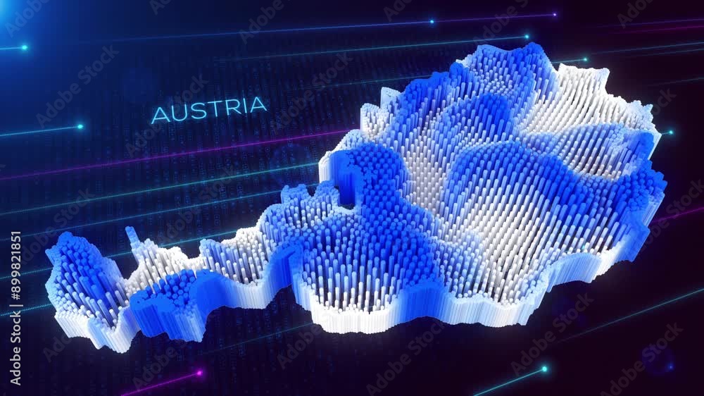 Poster digital motion 3d perspective dynamic rippling map of austria in blue and white, set against dark fu