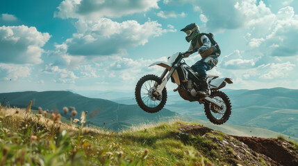 Obraz premium A man is riding a dirt bike on a mountain