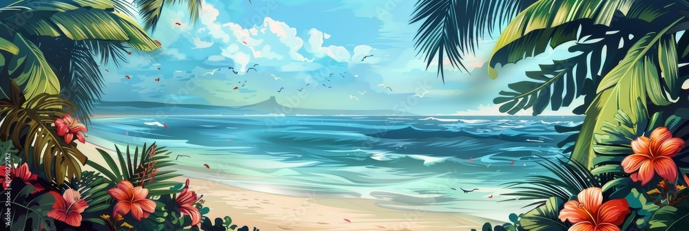 Canvas Prints A serene tropical beach scene with vibrant green palm leaves framing a sparkling blue ocean. The gentle waves lap against the sandy shore, while a distant island and fluffy clouds add depth to the lan