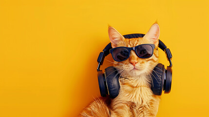 Fototapeta premium A cool cat wearing headphones and sunglasses against a yellow background, exuding a trendy and modern look. Perfect for music, style, or youth culture themes.