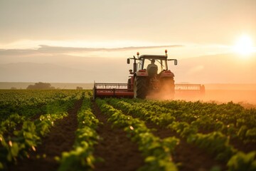 A red tractor with a farmer driving it works the soil in a field during sunset