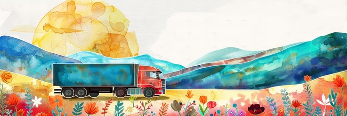 A vibrant watercolor illustration of a red truck driving through a field of flowers with mountains in the background, symbolizing delivery, transportation, nature, growth, and freedom.