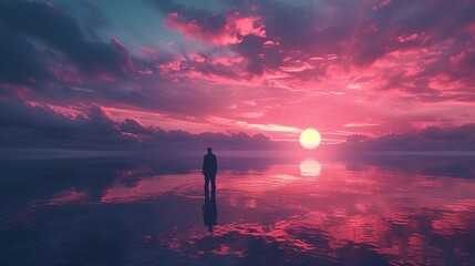 Obraz premium A solitary figure stands on a vast expanse of reflective water, bathed in the warm hues of a stunning sunset. The tranquil scene is filled with vibrant pink and orange colors, evoking a sense of peace