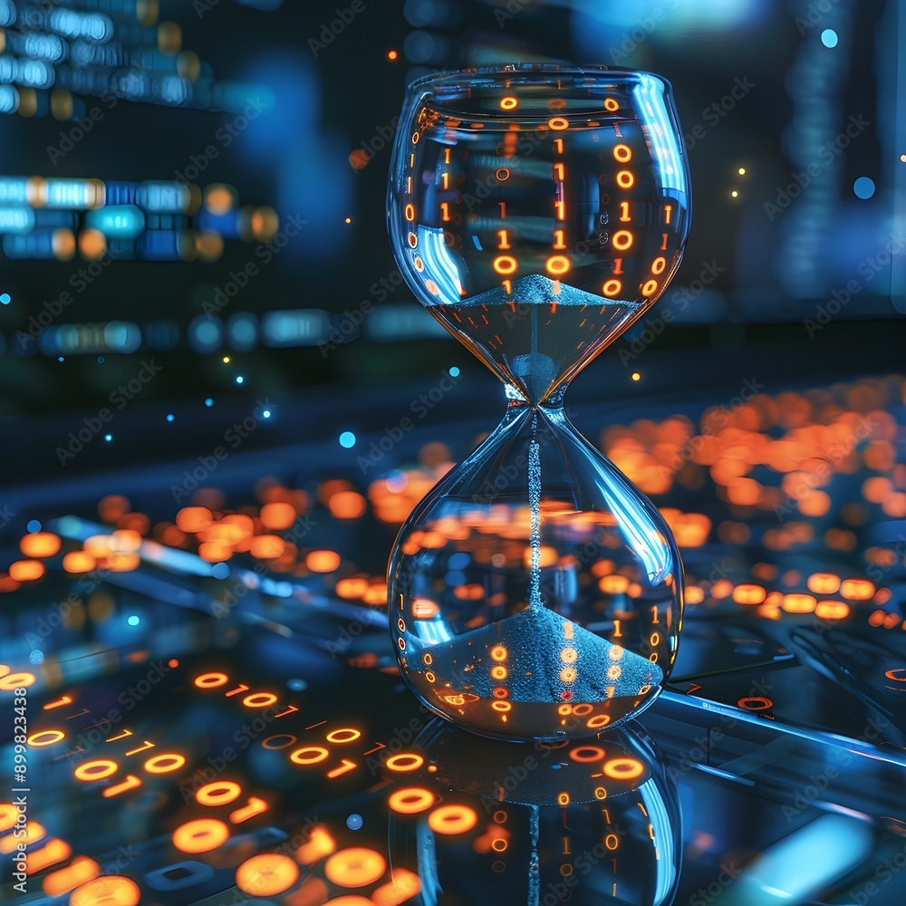 Poster digital hourglass with binary code flowing representing time in the digital age