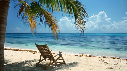 A beach chair positioned under a shady palm tree, with a soft drink in the cup holder.
