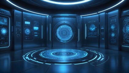 Futuristic spaceship interior with blue lighting, digital interface and a large circular portal