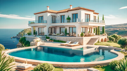 Luxury Mediterranean villa, pool overlooking sea in summer. Beautiful mansion with terrace, white house, tranquil relaxing mood. Luxurious estate. Concept of property, early sunset. Generative AI