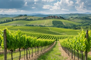 Naklejka premium A view of a vineyard in the Italian countryside, showcasing rows of grapevines stretching across the landscape, Lush vineyards on rolling Tuscan hills, AI Generated