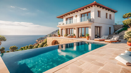 Fototapeta premium Luxury Mediterranean villa, pool overlooking sea in summer. Beautiful mansion with terrace, white house, tranquil relaxing mood. Luxurious estate. Concept of property, early sunset. Generative AI