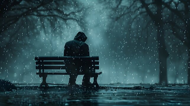 Solitary Man Sitting Alone on Bench During Rainy Winter Day Expressing Deep Sorrow and Grief
