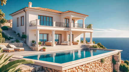 Luxury Mediterranean villa, pool overlooking sea in summer. Beautiful mansion with terrace, white house, tranquil relaxing mood. Luxurious estate. Concept of property, early sunset. Generative AI