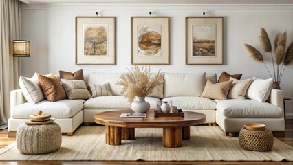 A stylish living room features a large, comfortable white sofa adorned with a mix of white and brown cushions. 