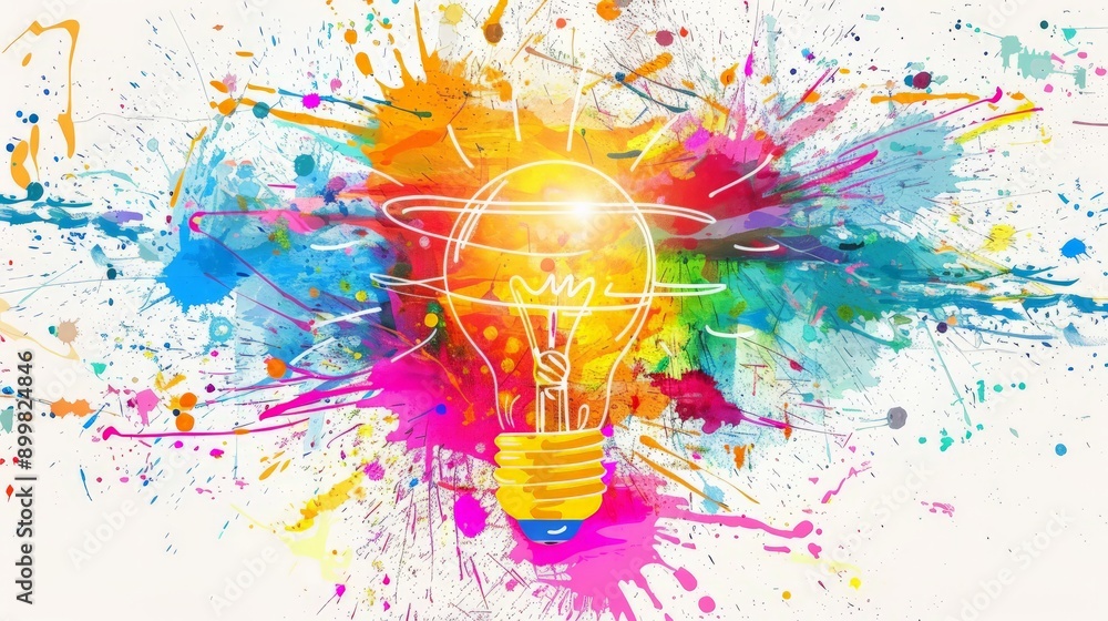 Poster bright light bulb on a colorful splatter background. representing creativity and new ideas.
