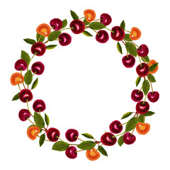 Cherry fruit watercolor frame with central white text space, isolated on a white background
