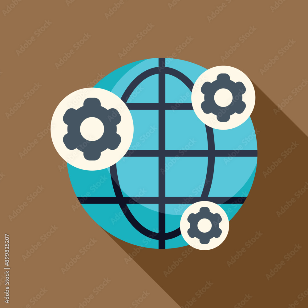 Poster blue globe with three gears around it representing global business development