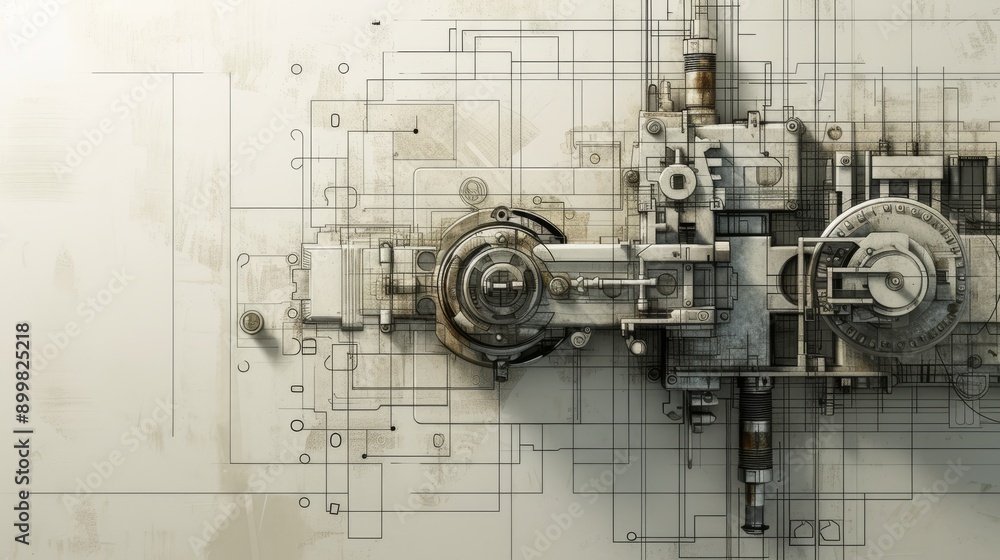 Poster an industrial engineering blueprint featuring detailed mechanical components and technical elements.