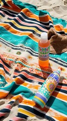 A beach towel with vibrant patterns spread out on the sand with a bottle of sunscreen beside it.