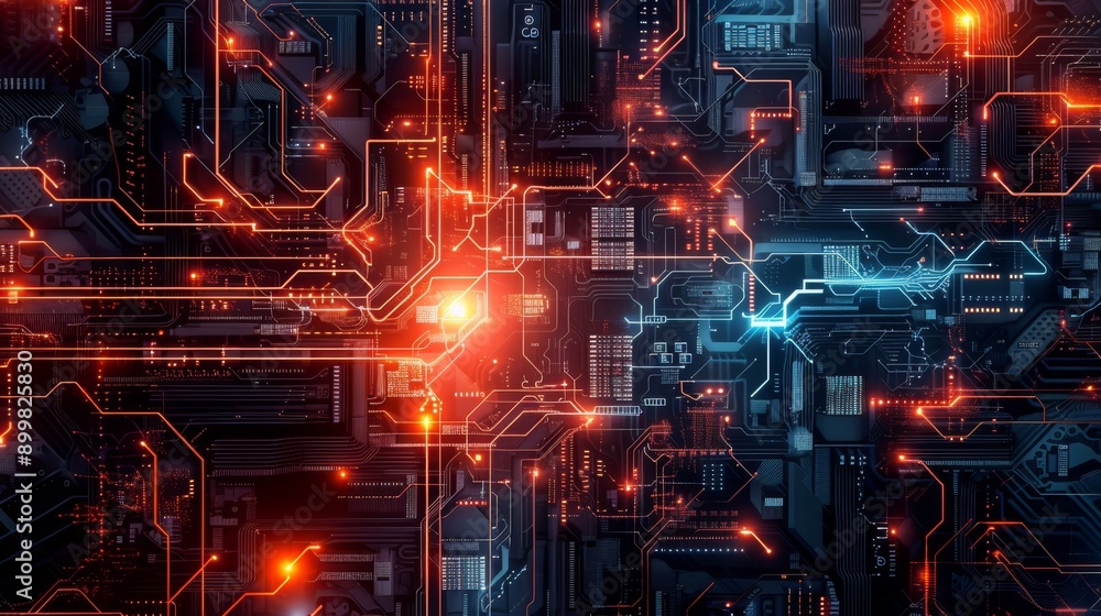 Poster a detailed image of a futuristic circuit board, featuring intricate pathways glowing with red and bl