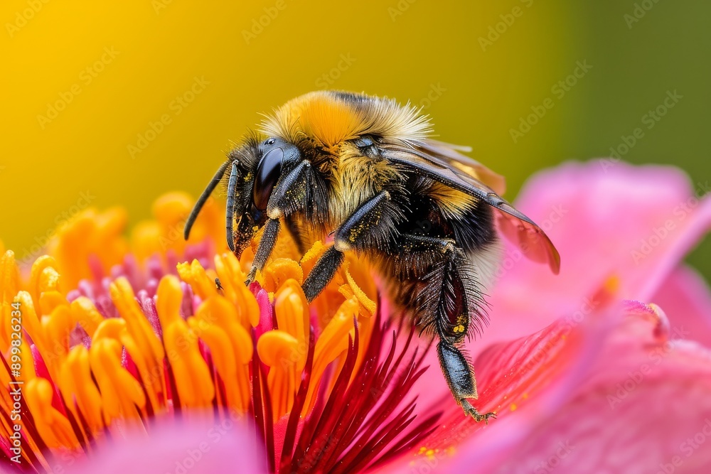 Poster a close-up photograph capturing a bee as it interacts with a flower, macro perspective of a bee coll