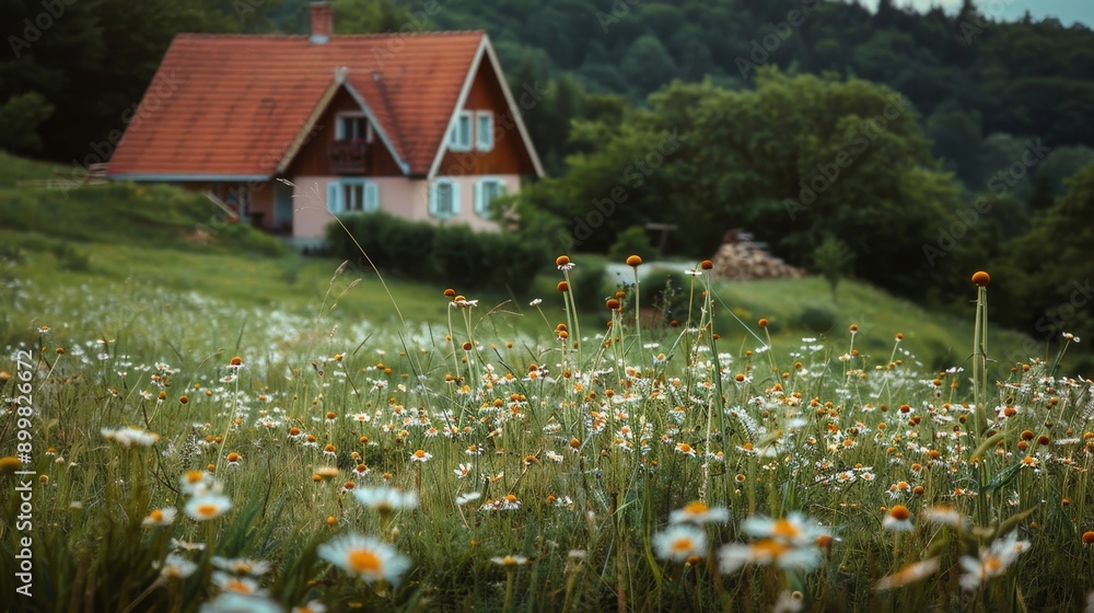 Poster A charming cottage nestled in a lush green meadow, surrounded by a sea of white wildflowers. The image symbolizes tranquility, nature's beauty, rustic charm, and a sense of peace and serenity.