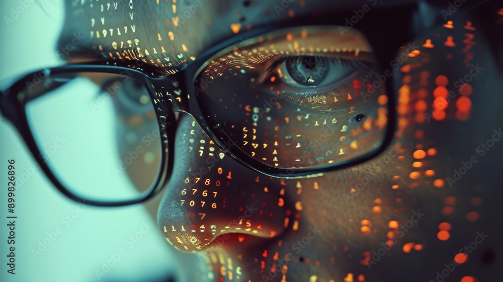 Poster a close-up image of a man with glasses, illuminated by digital data projections. this visually strik