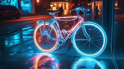 Vibrant neon-lit bicycle stands out in the cityscape at night, illuminating the wet pavement with bright blue and orange lights. Captures the fusion of urban lifestyle and modern art.
