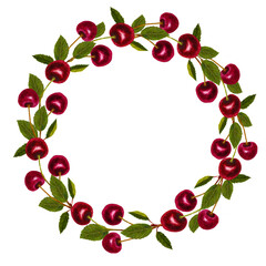 Cherry fruit watercolor frame with central white text space, isolated on a white background