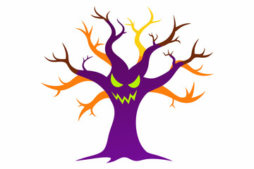 Vector Line Art: Halloween Scary Tree on White Background