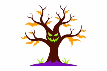 Vector Line Art: Halloween Scary Tree on White Background