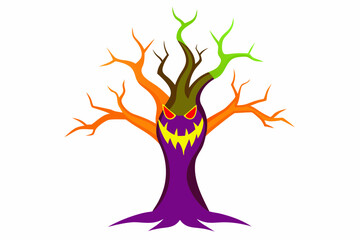 Vector Line Art: Halloween Scary Tree on White Background