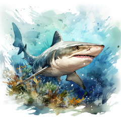 Fototapeta premium Watercolor Reef shark, clipart Illustration, Generative Ai