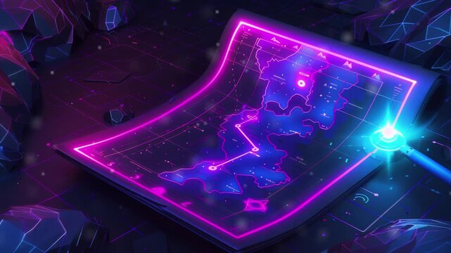 Treasure hunts in synthwave style with neon-lit maps and a dark background. Seamless Loop Animation