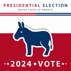 Square poster with the Democratic Party's symbol, a blue donkey, set against a red, white, and blue background (colors of American flag), promoting the 2024 USA Presidential Election