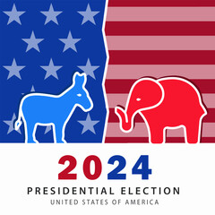 2024 USA Presidential Election poster with the Republican and Democratic party symbols: a red elephant and a blue donkey, on an American flag background.