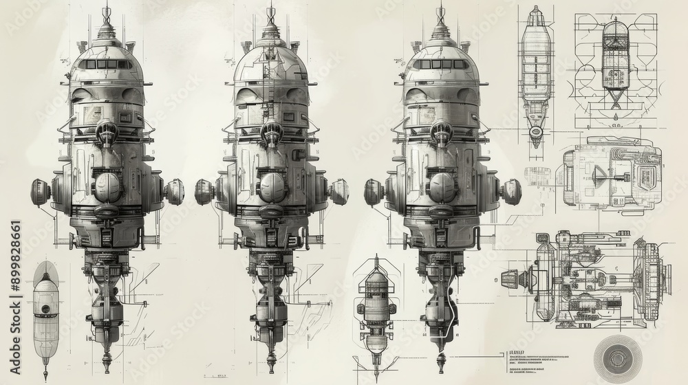 Poster a technical blueprint of a futuristic spacecraft, detailing the design and specifications of an adva