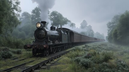 Naklejka premium A picturesque view of a steam train traveling through a misty countryside. The lush vegetation and dense fog create a serene and mysterious atmosphere, highlighting the train's journey through nature