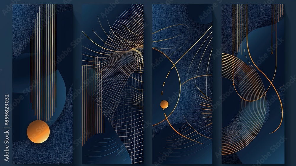 Poster geometric line pattern poster design vector. set invitation card of abstract art decor design on dar