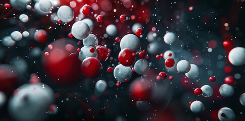 A depiction of molecules with red and white spheres on a dark background