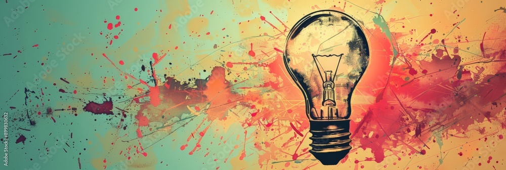 Poster vintage light bulb with colorful splashes representing ideas and creativity. concept of innovation a