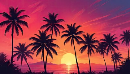 Wide-format tropical sunset with radiant palm silhouettes against a gradient sky of pink and blue hues, perfect for vacation themes. Holiday background. Empty, copy space for text