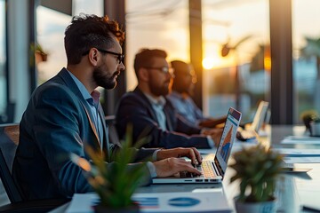 Focused on Success: A team of business professionals analyze data on their laptops, bathed in the warm glow of a sunset, embodying dedication and ambition. 
