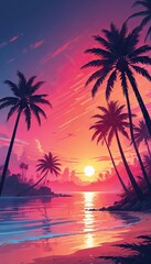 Wide-format tropical sunset with radiant palm silhouettes against a gradient sky of pink and blue hues, perfect for vacation themes. Holiday background. Empty, copy space for text