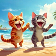 Fototapeta premium Two adorable kittens playing joyfully on a sunny tropical beach scene