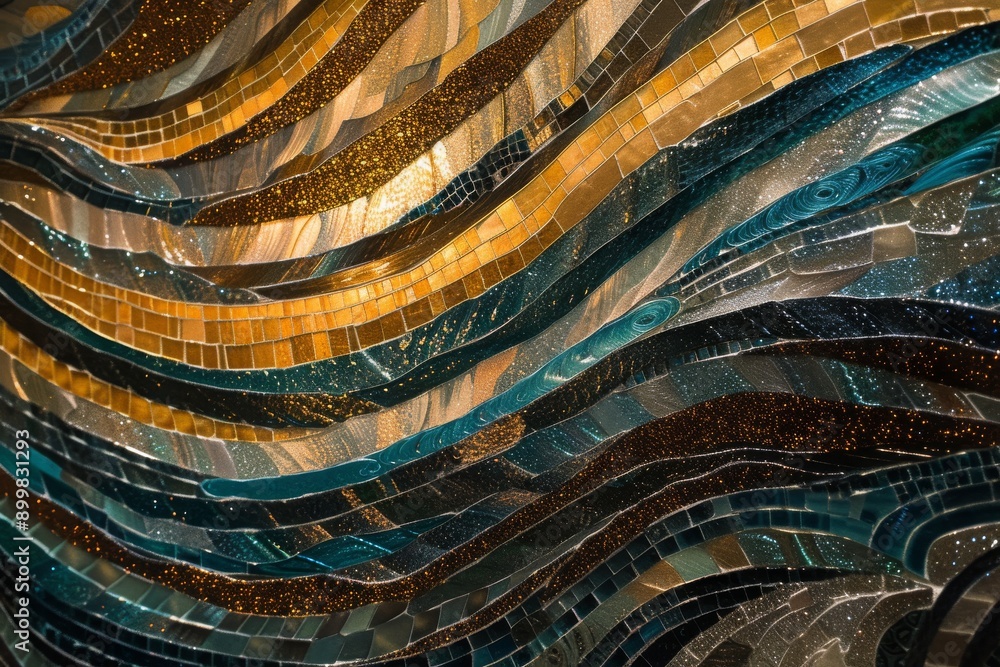 Poster a close-up view of a wall covered in shimmering metallic tiles, forming intricate, undulating patter
