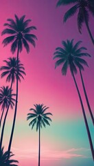 Wide-format tropical sunset with radiant palm silhouettes against a gradient sky of pink and blue hues, perfect for vacation themes. Holiday background. Empty, copy space for text