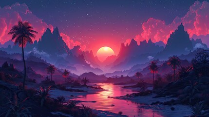 Naklejka premium Wide-format tropical sunset with radiant palm silhouettes against a gradient sky of pink and blue hues, perfect for vacation themes. Holiday background. Empty, copy space for text