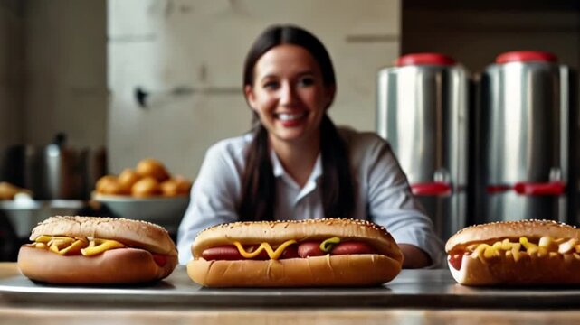 Smiling Woman Serving Hot Dogs at a Food Stand