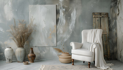 Chair with white fabric, vases and paintings near grey wall in artist's studio